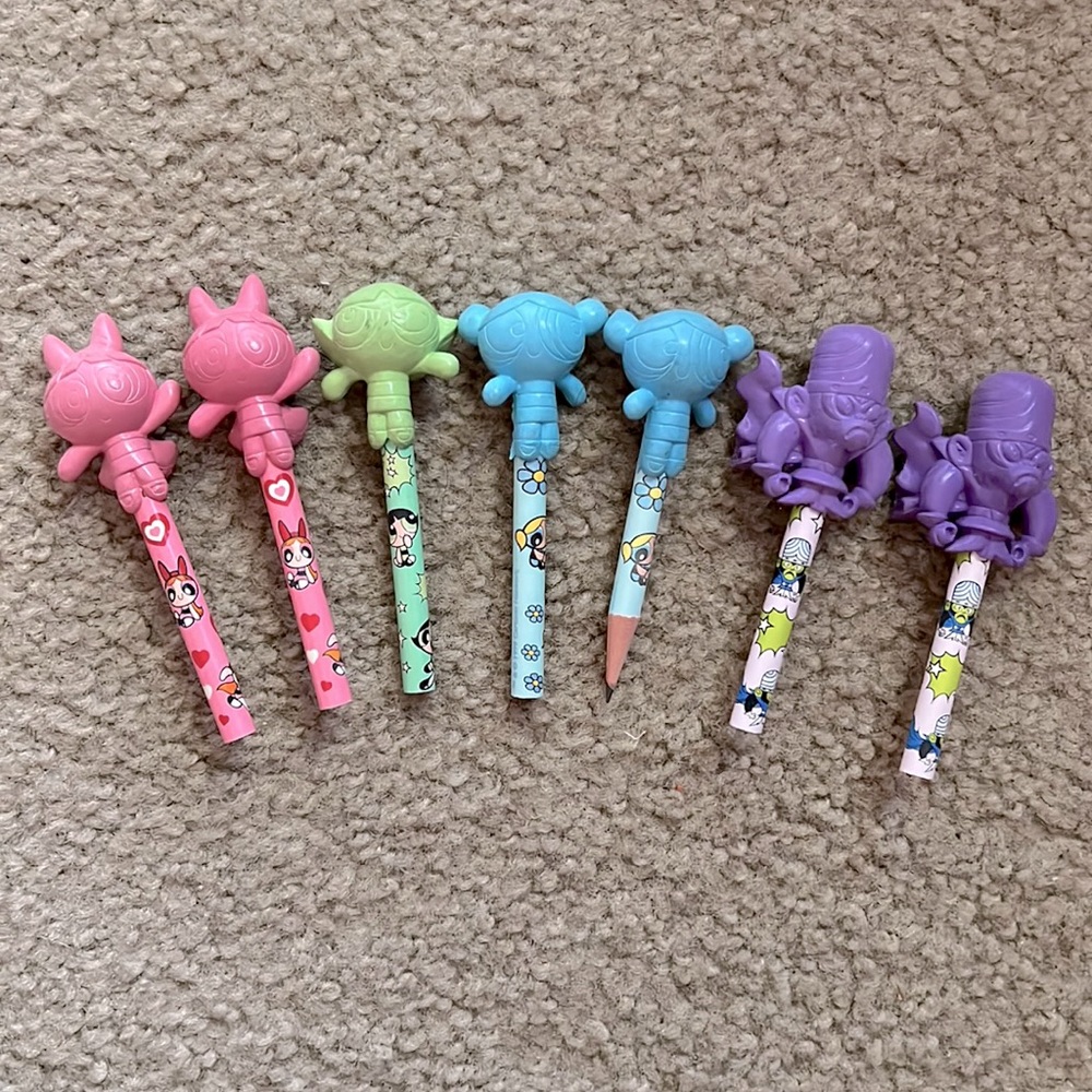 VTG 90s PowerPuff Girls Mini Pencils with Heads Bubbles Buttercup Blossom MoJo